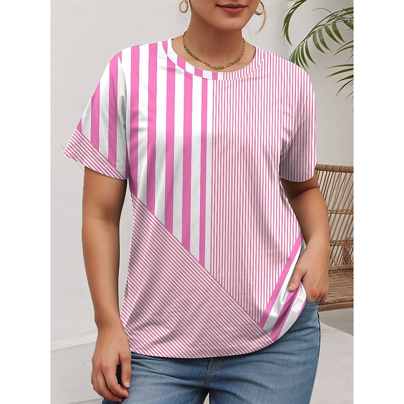 Women's Plus Size Tops T Shirt Graphic Striped Print Short Sleeve Crew Neck Casual Daily Polyester Summer Pink Blue4