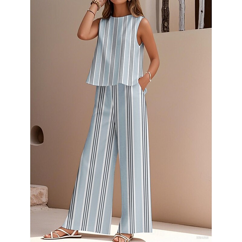Women's Elegant Fashion Streetwear Two Piece Sets Blouse Vest Pants Trousers Sleeveless Crew Neck Outdoor Work Casual Striped Print Vacation Daily Holiday Blue Gray Light Blue Summer Regular Fit3