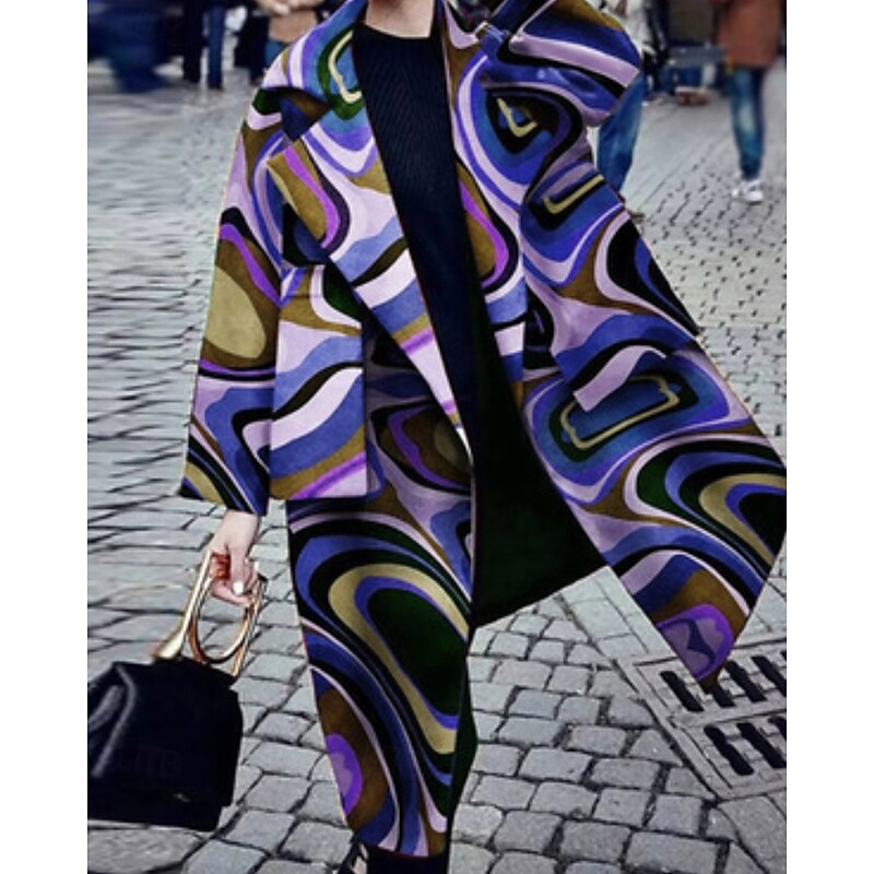 Women's Trench Coat Comfortable Pocket Print Fashion Modern Floral Outdoor Vacation Open Front Long Turndown Regular Fit Long Sleeve Outerwear Red Purple Green Fall Winter