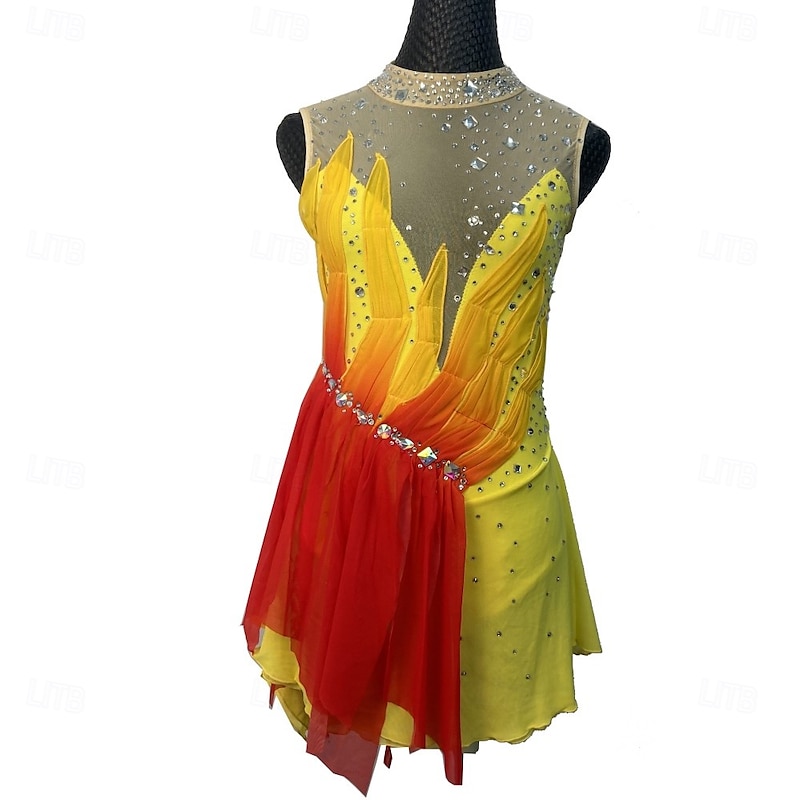 Figure Skating Dress Women's Girls' Ice Skating Dress Yellow Open Back Spandex High Elasticity Training Competition Skating Wear Handmade Crystal / Rhinestone Sleeveless Ice Skating Figure Skating3