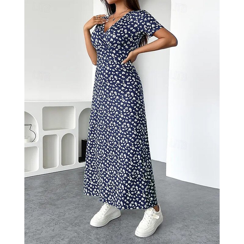 Women's Midi Dress Floral Dress Print Dress Fashion Modern Outdoor Vacation Holiday Regular Fit Flower Short Sleeve V Neck Pink Royal Blue Light Blue Summer3