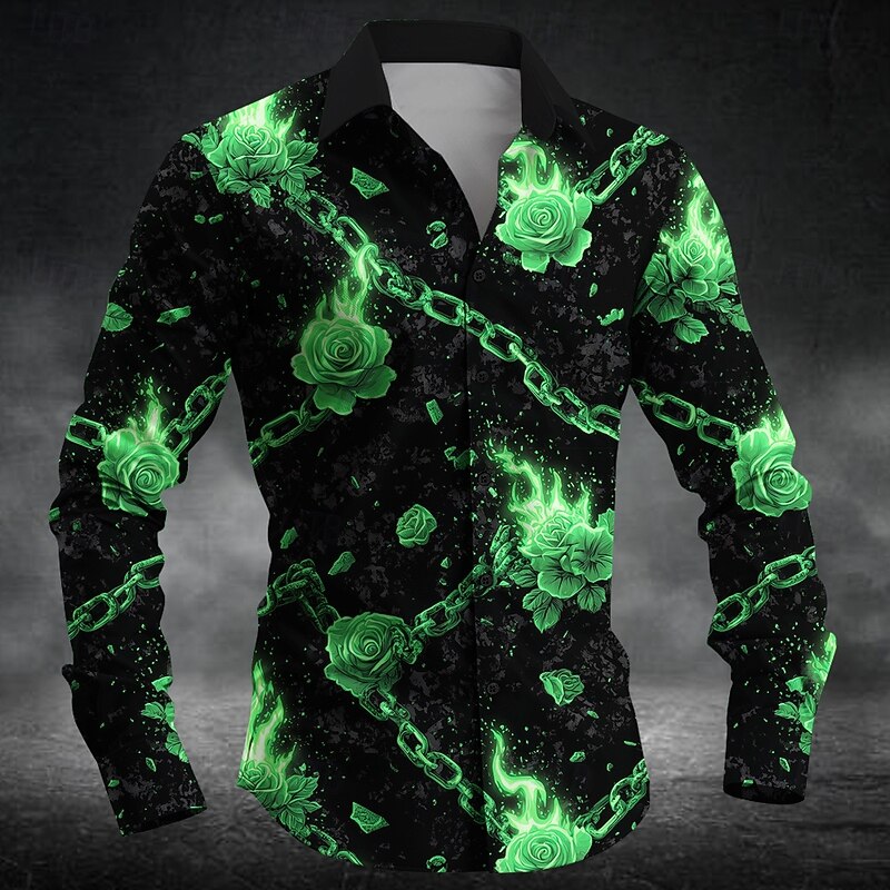 Men's Romantic Flame Rose Shirt Button Up Shirt Long Sleeve Dark Gothic Style Holiday Streetwear Summer Spring Turndown 3D Print Collared Shirts Red Blue Green3