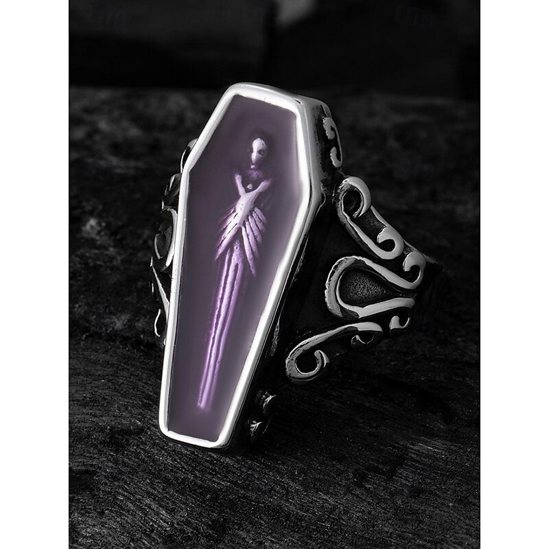 Men's Gothic Coffin Titanium Steel Ring – Vintage Halloween Party Statement Jewelry with Skeleton Design for Cosplay & Retro Fashion