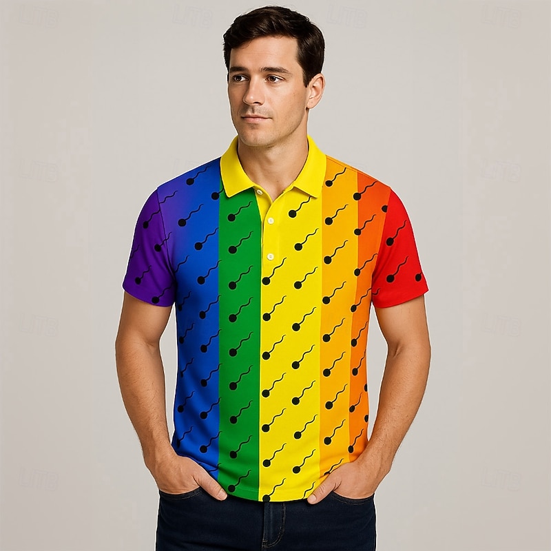 Pride Month Men's Contrast Lace Polo Short Sleeves Polo Shirts Polo Collar Casual Festival Button Up Summer Rainbow