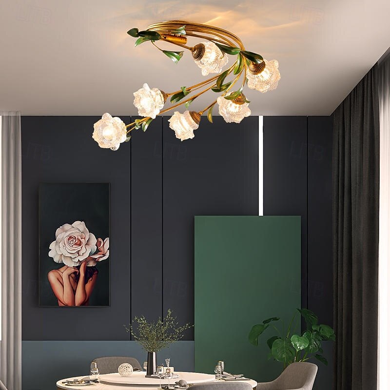 6-Light Floral Ceiling Light, Vintage Tulip Flower Semi-Flush Mount Ceiling Lamp, Gold Metal Branch with Frosted Glass Shades for Living Room, Bedroom3
