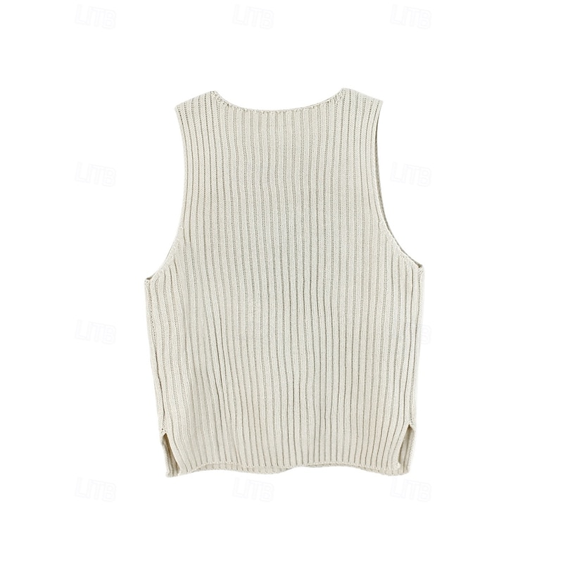 Women's Sweater Vest Casual Soft Star Ribbed Crew Neck Knitted Sleeveless Regular Tops Knit Holiday Going out Weekend Beige Fall Winter3