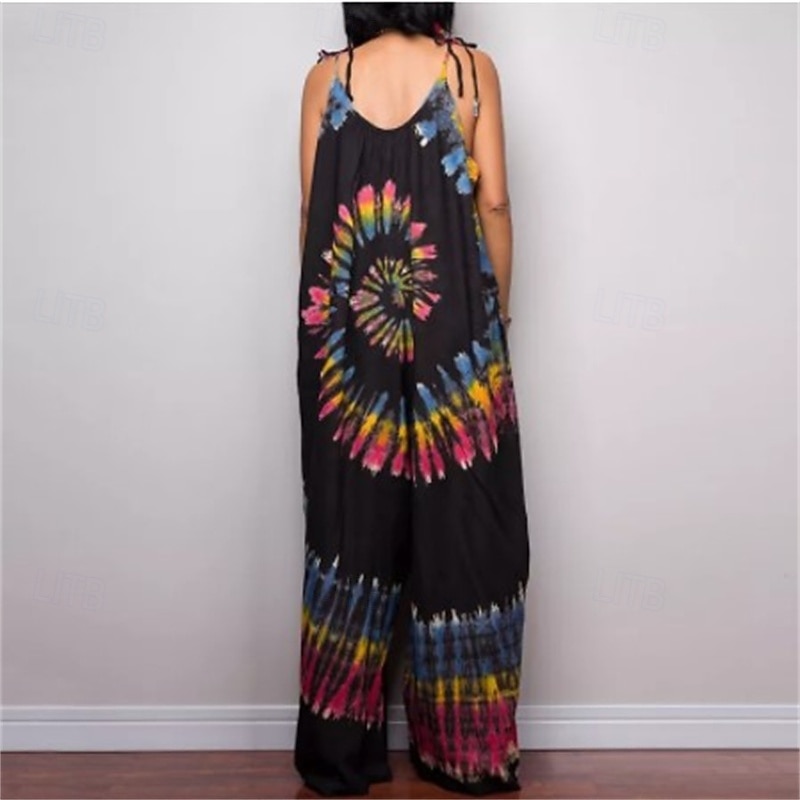Women's Normal Jumpsuit Casual Tie Dye Sleeveless Wide Leg Crew Neck Pocket Print Street Daily Regular Fit Black Pink Navy Blue Summer4