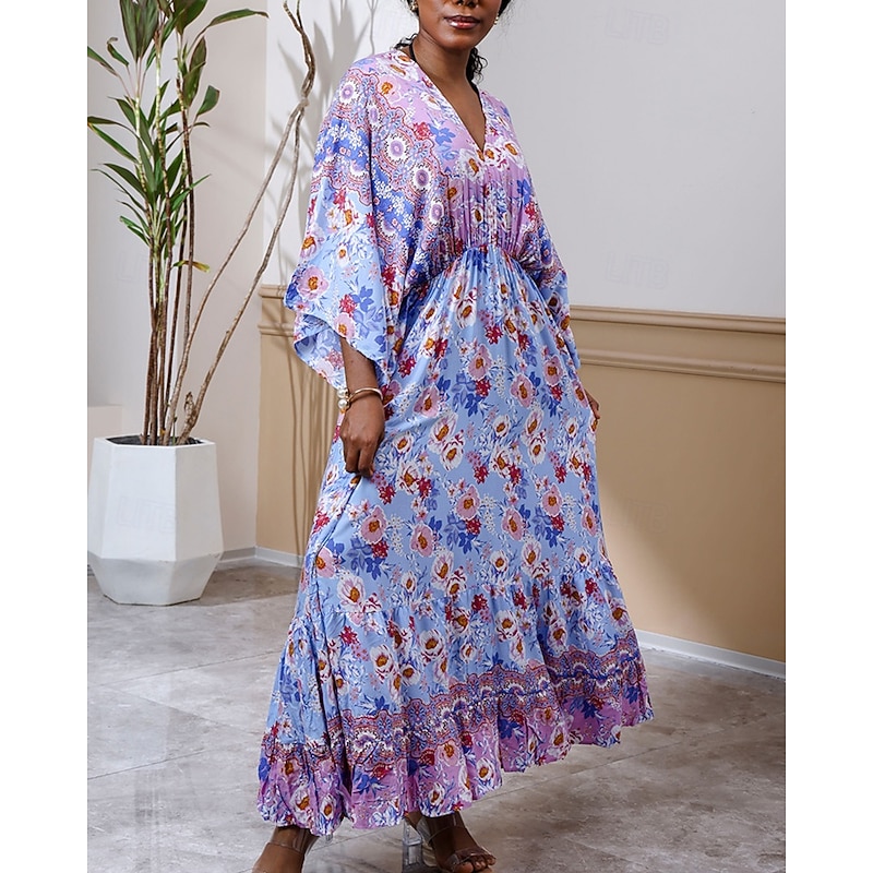 Women's Long Dress Maxi Dress Casual Dress Swing Dress Boho Dress Western Dress Elegant Fashion Romantic Outdoor Vacation Party Regular Fit Flower Long Sleeve V Neck Blue Spring Fall2
