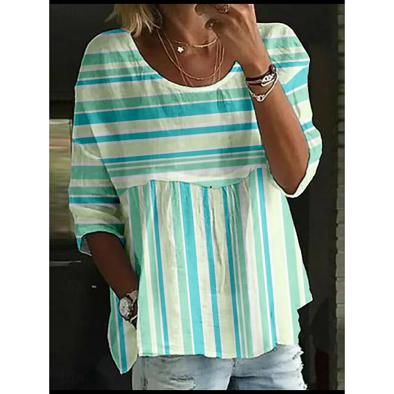 Women's Blouse Striped Stylish 3/4 Length Sleeve Crew Neck Regular Tops Daily Holiday Print White Blue Green Rainbow Summer2