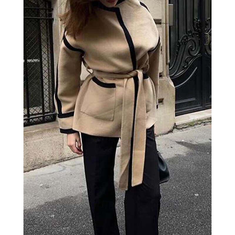 Women's Winter Coat Warm Comfortable Lace up Pocket Fashion Outdoor Patchwork Outdoor Weekend Open Front Regular Stand Collar Regular Fit Long Sleeve Outerwear Apricot Fall Winter4