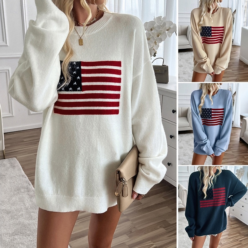 Women's Sweater Streetwear Striped Ribbed Crew Neck Knitted Long Sleeve Regular Tops Knit Outdoor Daily Holiday Navy Blue Khaki Fall
