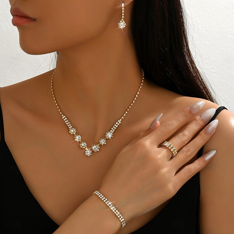 Bridal Jewelry Sets Four-piece Suit Zircon Rings 1 Necklace 1 Bracelet Earrings Women's Elegant Vintage Personalized Lovely Classic Love Precious Jewelry Set For Wedding Work Birthday3