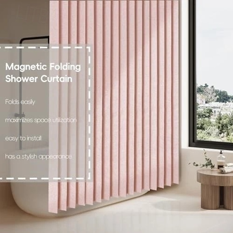 Foldable Magnetic Shower Curtain, 230g Waterproof & Mildew-Resistant Faux Linen Bathroom Curtain2
