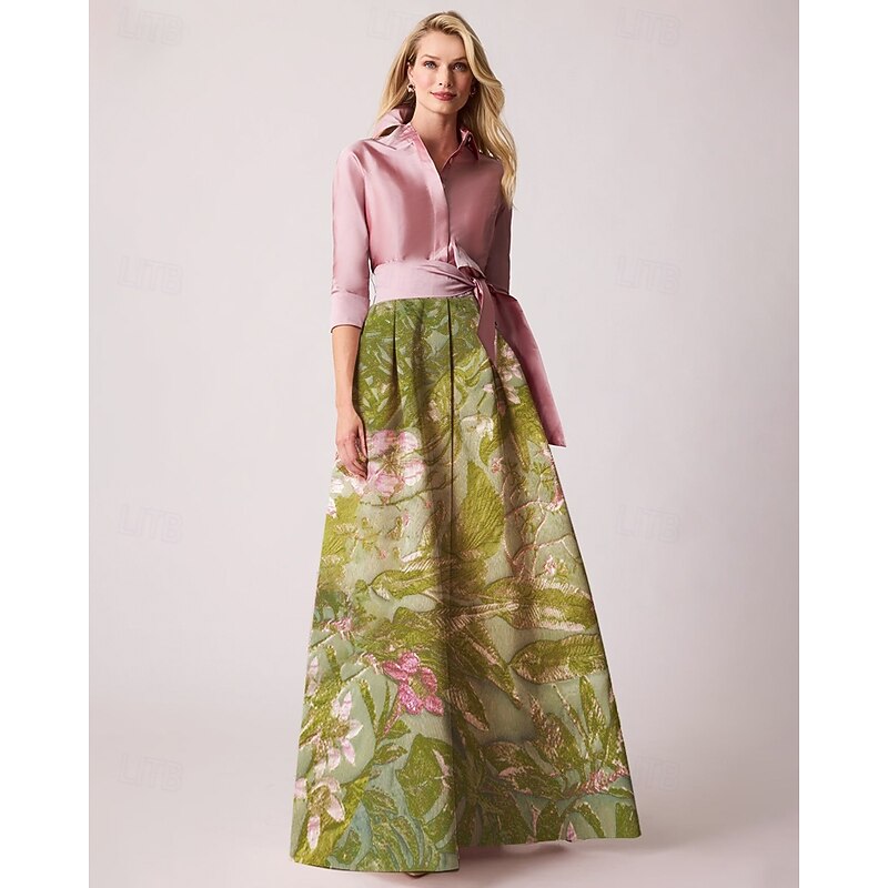 Jacquard Brocade Floral Mother of the Bride A-Line Evening Gown Elegant Dress Formal Wedding Guest Floor Length Long Sleeve Shirt Collar Pocket Nylon with Floral Print Bow(s) Slit4