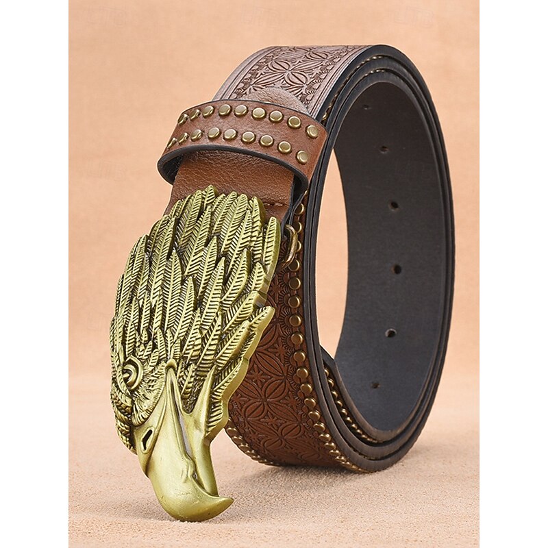 Men's Eagle Head Buckle Western Belt – Vintage Embossed Faux Leather Belt with Stud Details for Cowboys, Outdoor Events and Country Style4