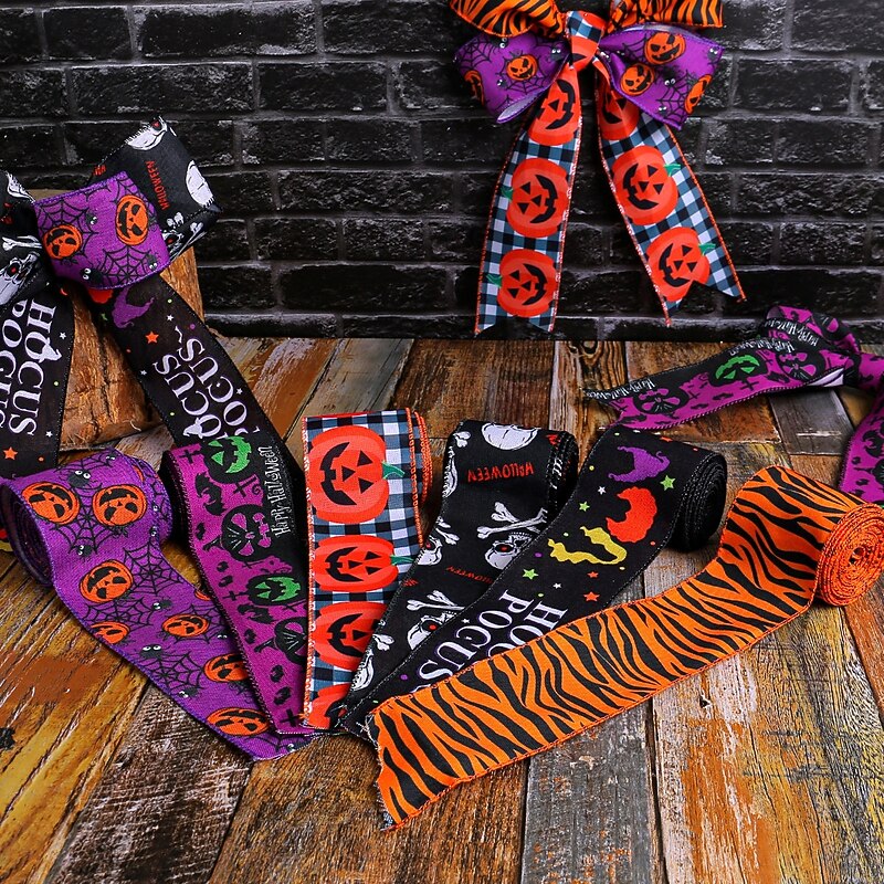 Halloween Plaid Pumpkin Ribbon, Festive Ribbon for Christmas Tree Decoration, Colorful Halloween Party Decor Ribbon4