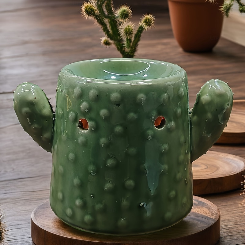 Cactus Ceramic Candle Warmers - Green and Blue Unlit Unscented Ideal for Home Decor Holiday Gift and Seasonal Holiday Decor  Decorative Cactus Design  Ceramic Construction Cactus Decor4