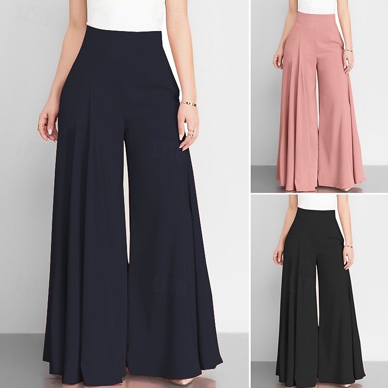 Women's Wide Leg Chinos Vintage Fashion Basic Full Length High Waist Plain Elastic Waistband Comfy Soft Comfortable Micro-elastic Outdoor Vacation Office Black Pink Khaki Gray Summer Spring Loose Fit