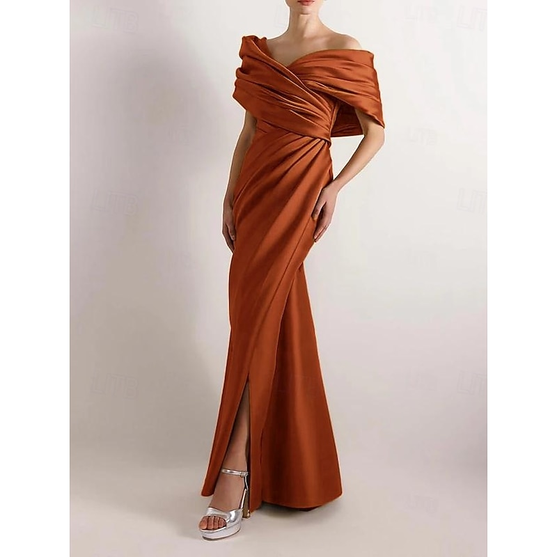 Dress High Fashion Mustard Dress Mermaid / Trumpet Portrait Collar Evening Gown Cocktail Dress Formal Wedding Floor Length Sleeveless Off Shoulder Satin with Ruched Details Slit4