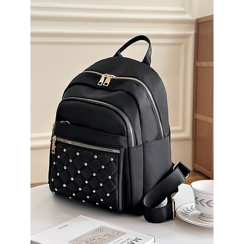 Women's Water-Repellent Nylon Backpack with Gold Zippers, Quilted Studded Design, Lightweight Fashion Daypack for College, Work and Travel3