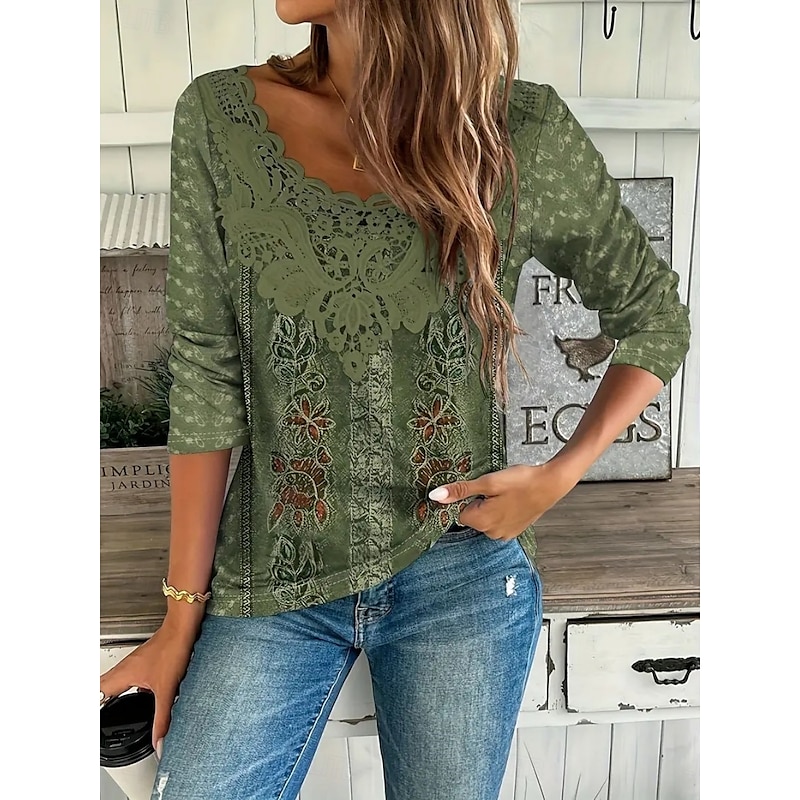 Women's Lace Splicing Top Floral Vintage Basic Casual Long Sleeve V Neck Regular Tops Daily Lace Patchwork Print Green  Spring Prefall3