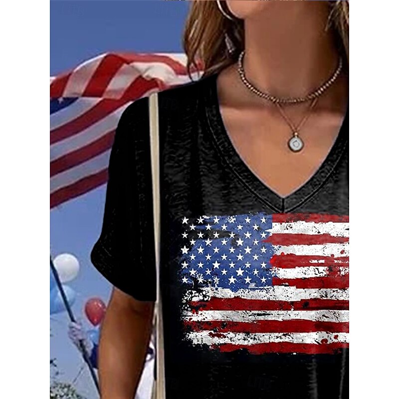 Women's Patriotic  T Shirt Graphic American Flag Vintage Stylish Classic Short Sleeve V Neck Regular Tops Daily Weekend Print Black Summer Spring2