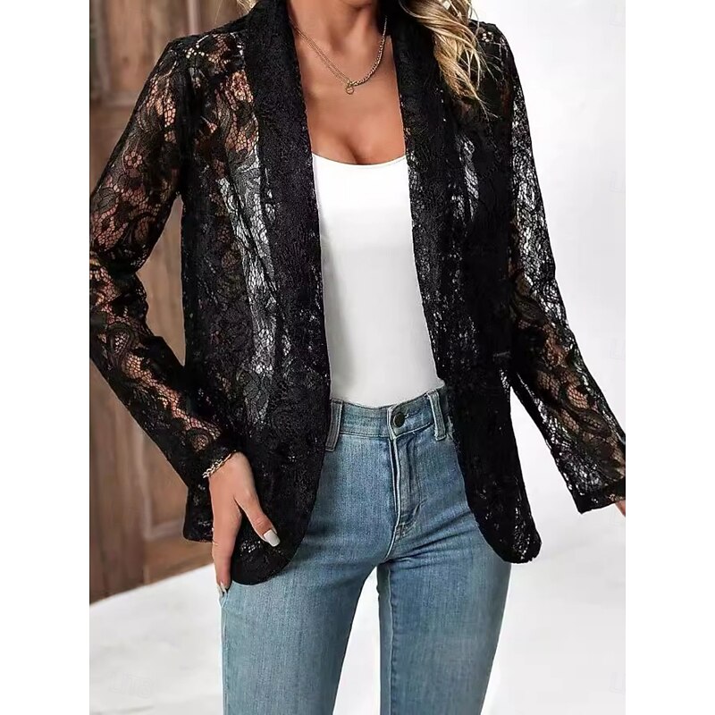 Women's Casual Jacket Breathable Comfortable Patchwork Elegant Casual Plain Vacation Street Casual Daily Wear Open Front Regular Notch Lapel Regular Fit Long Sleeve Outerwear Black White Summer Spring4