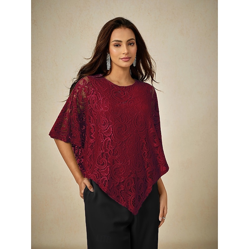 Women's Blouse Dressy Tops Plain Elegant Half Sleeve Crew Neck Regular Tops Wedding Guest Daily Lace Patchwork Layered Wine Summer Spring2