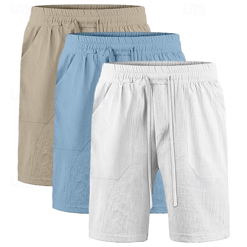 Men's Shorts Linen Shorts Summer Shorts Beach Shorts Pocket Drawstring Elastic Waist Plain Comfort Breathable Knee Length Casual Daily Holiday Vacation Fashion White+Black+Gray black+khaki+blue2