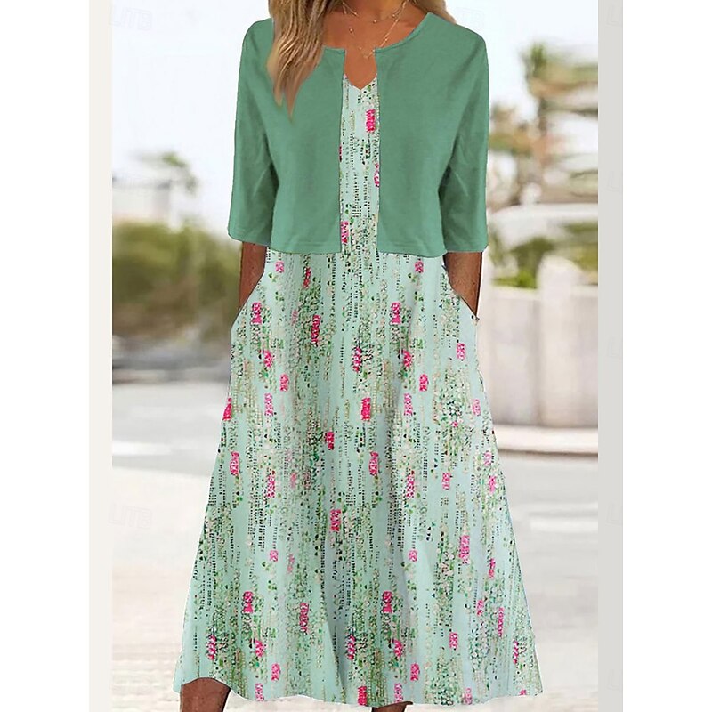 Women's Two Piece Dress Sets Midi Dress with Jacket Elegant A Line Dress Half Sleeve Party Semi Formal Floral Graphic Print V Neck Wedding Guest Daily White Blue Green Regular Fit2