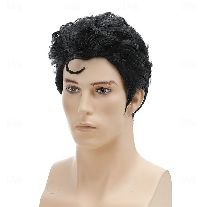 Roker Style Mens Black Short with a Front Curl Costume Wig for Cosplay Halloween Costume Party Wig3