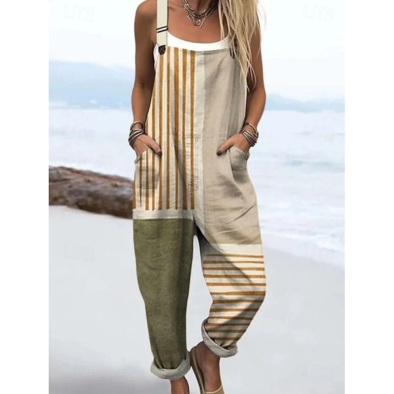 Women's Overall Active Graphic Sleeveless Drawstring Patchwork Vacation Street Loose Fit Light Brown Blue Orange Summer3
