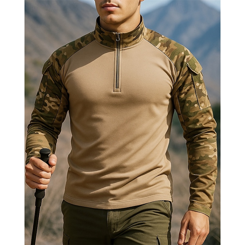 Men's Polo Sweatshirt Hiking top Long Sleeve Stand Collar Top Outdoor Breathable Quick Dry Lightweight Elastic Quarter-Zip Pullover Polyester Camo Army Green Light Brown Khaki Tennis Golf Running