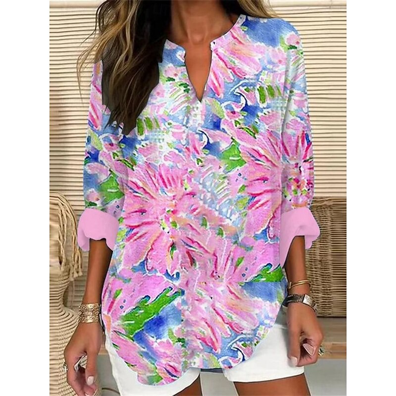 Women's Shirt Floral Stylish Modern Long Sleeve V Neck Regular Tops Daily Holiday Buttons Print Black Yellow Pink Purple Orange Summer2