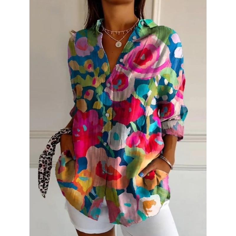 Women's Shirt Floral Active Daily Stylish Long Sleeve Shirt Collar Regular Tops Daily Holiday Buttons Print Green Rainbow Spring Fall3