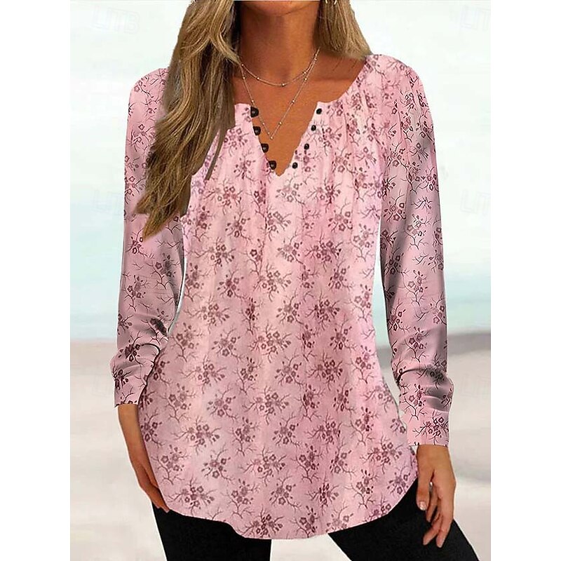 Women's Tunic Shirt Henley Shirt Blouse Tunic Basic Floral Buttons Print Long Sleeve Regular Tops Round Neck Casual Holiday Yellow Pink Green Gray Light Blue Spring & Fall Prefall3