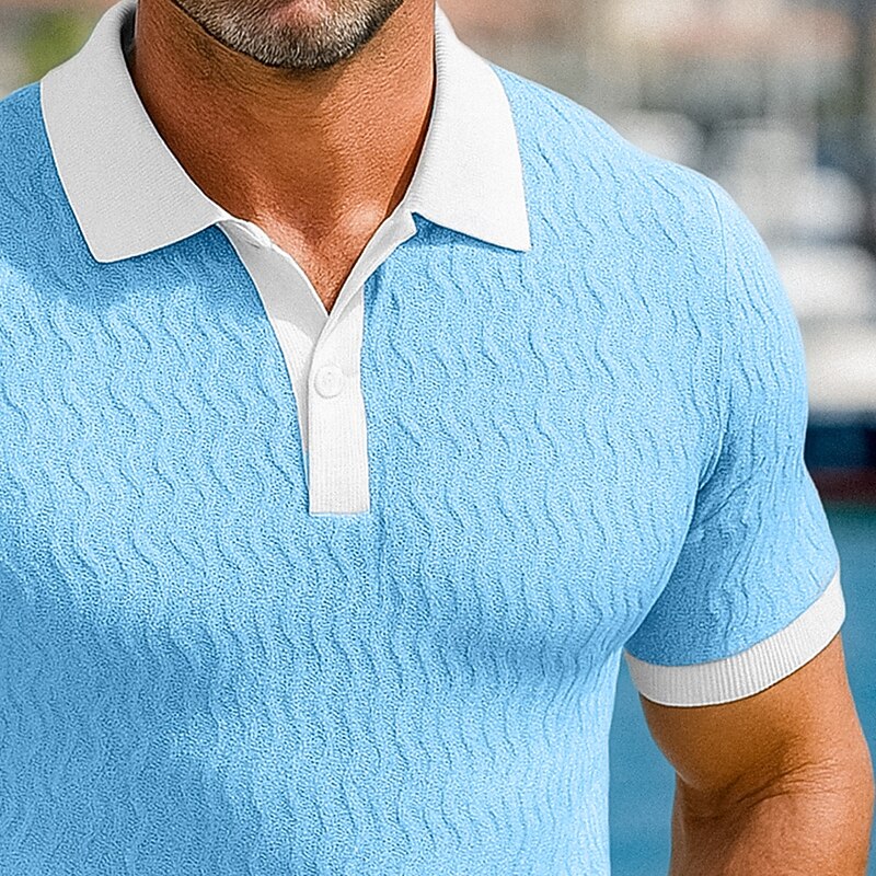 Men's Polo Shirts Golf Shirt Vacation Holiday Lapel Ribbed Polo Collar Short Sleeve Basic Modern Color Block Patchwork Buttons Summer Spring & Summer Regular Fit Pink Blue Green Turquoise Polo Shirts2