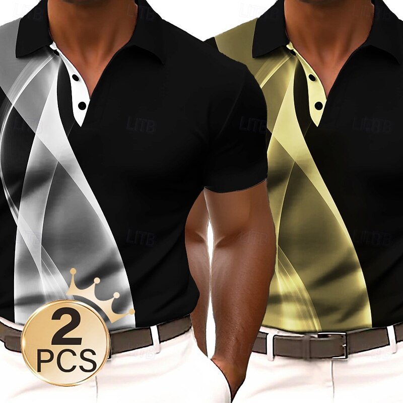 Men's 2Pcs  Geometic Line Polo Short Sleeve Polo Shirts Lapel Business Casual Business Athleisure 3D Print Buttons Summer2