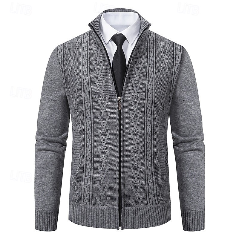 Men's Sweater Cardigan Sweater Ribbed Knit Regular Tops Knitted Geometric Standing Collar Modern Contemporary Smart Casual Casual Daily Wear Clothing Apparel Fall Winter Light Grey Dark Grey M L XL