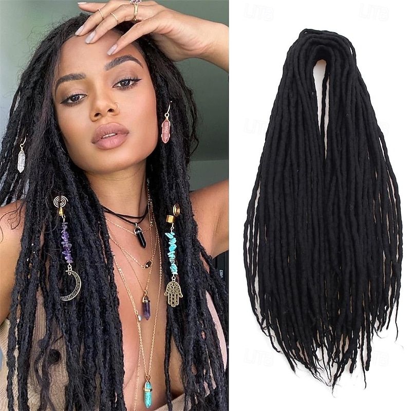 Black Dreadlock Extensions 20 Inch - 0.24 In Width 20 Strands Wool Dreadlock Extensions Double Ended Wool Dreads for Women & Men - Handmade Hippie Dreadlock Reggae Style Wool Dreadlocks