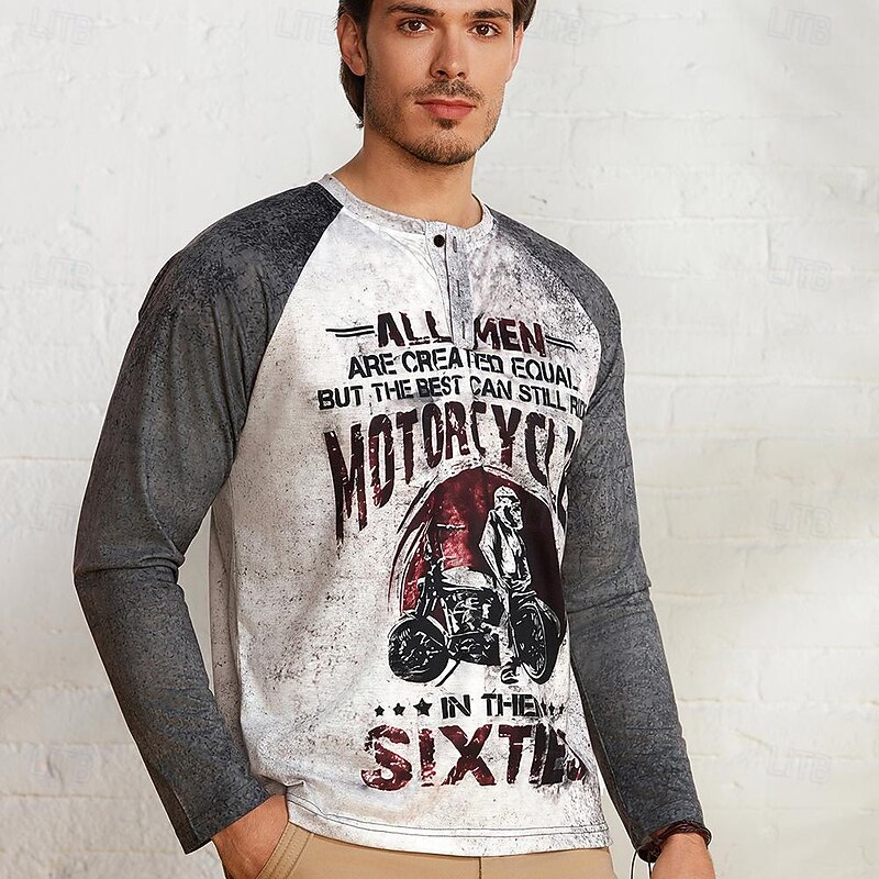 T shirt Tee Henley Shirt Graphic Prints Motorcycle Henley Clothing Apparel Outdoor Casual Long Sleeve Button-Down Print Stylish Lightweight Vintage Sixties Grey And White2