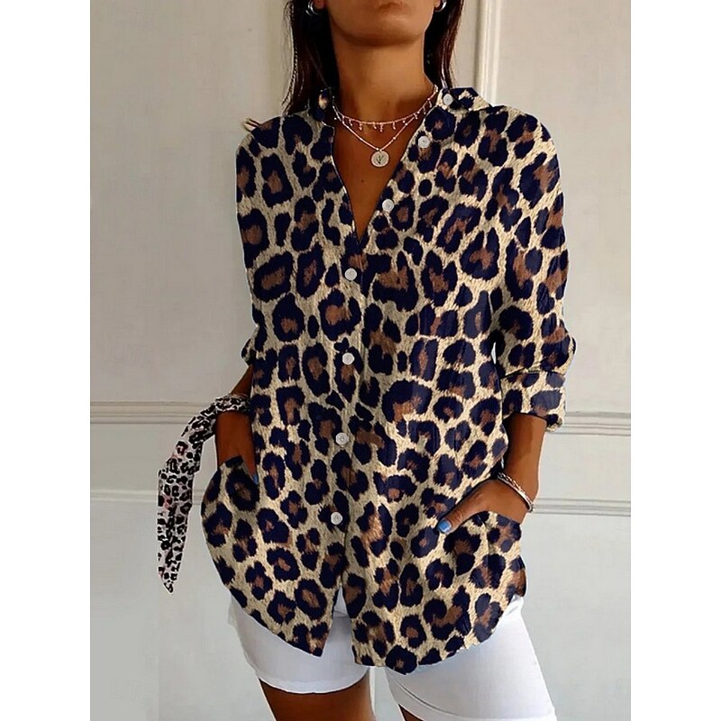 Women's Shirt Leopard Striped Active Daily Stylish Long Sleeve Shirt Collar Regular Tops Daily Holiday Buttons Print White Brown Spring Fall