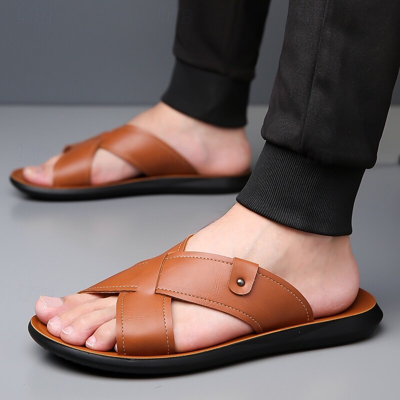 Men's Tan Faux Leather Cross-Strap Sandals Comfortable Slip-On Design with Durable Rubber Sole Ideal for Casual Summer Beach and Outdoor Activities3