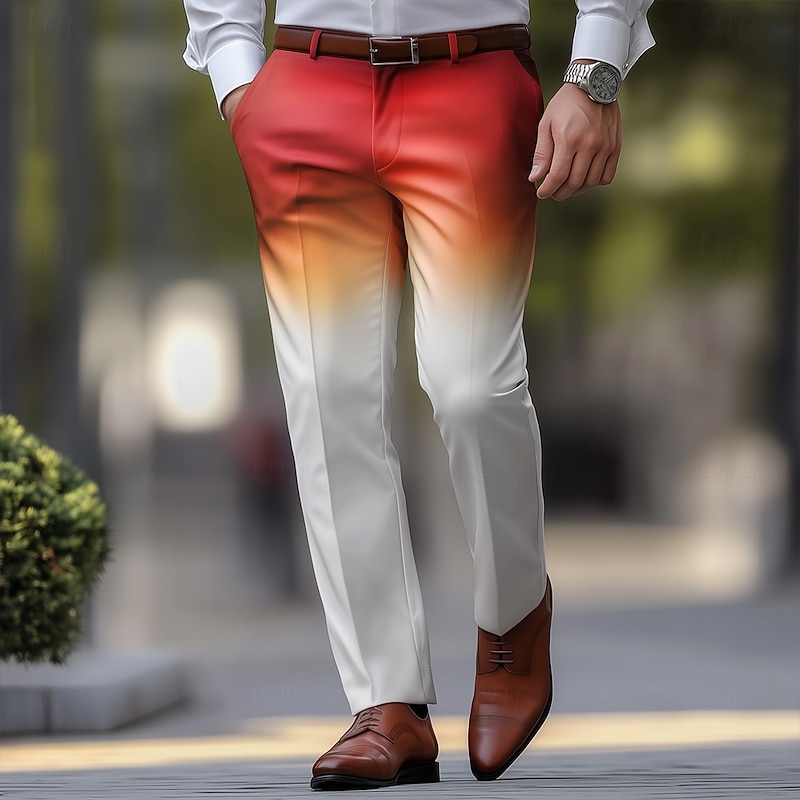 Men's Gradient Color Dress Pants Trousers Suit Pants Mid Waist Casual Outdoor Vacation Regular Fit Flat-Front Straight Leg Pants with Pockets Summer Spring Fall 3D Print White Red
