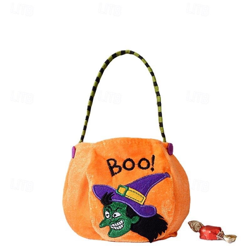 Halloween Treat Bag for Kids, Trick or Treat Candy Tote Bag, Gift Basket with Pumpkin Ghost Witch Design, Non-Woven Halloween Party Favor Bag4