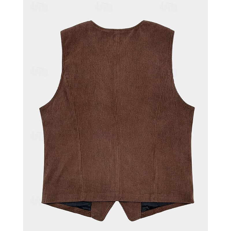 Men's Vest Waistcoat Gilet Vacation Party Business Fashion Casual Spring Fall Buttons Pocket Polyester Corduroy Comfortable Solid Color Single Breasted One-button V Neck Regular Fit Dark Brown Black2