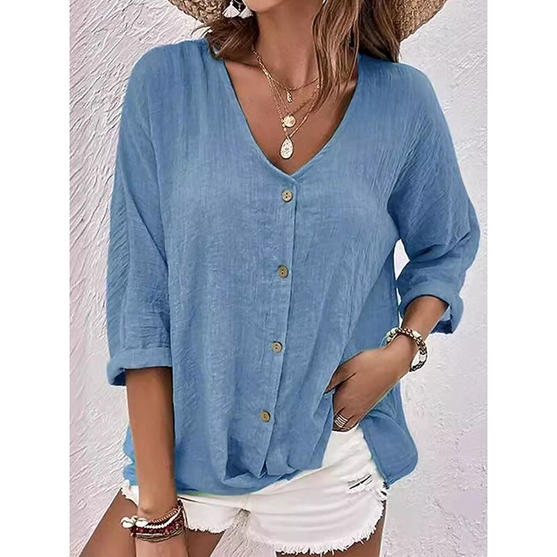 Women's Shirt Button Down Blouse Blouse Solid Color Plain Bohemia Daily Stylish 3/4 Length Sleeve V Neck Regular Tops Daily Holiday Going out Buttons Sage Green Blue Khaki Rose Pink Summer Spring