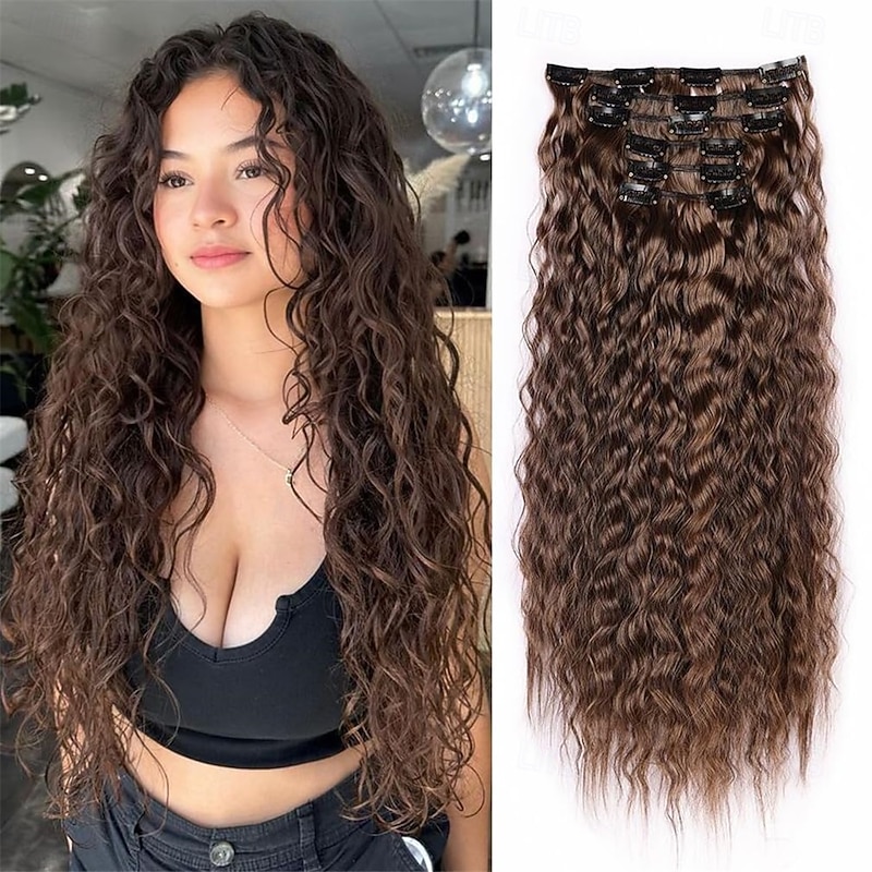 Brown Clip in Hair Extensions 6PCS Hair Extensions 22 Long Curly Wavy Synthetic hair extensions Natural Thick Deep Wave Hairpieces