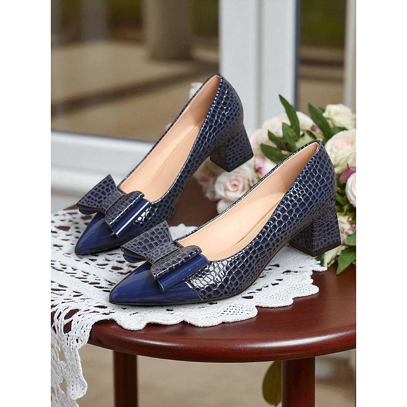 Women's Vintage Croc Embossed Patent Leather Heels - Brown Pointed Toe Pumps with Oversized Bow and Block Heel for Office,Tea Parties,and 1950s-Inspired Outfits3