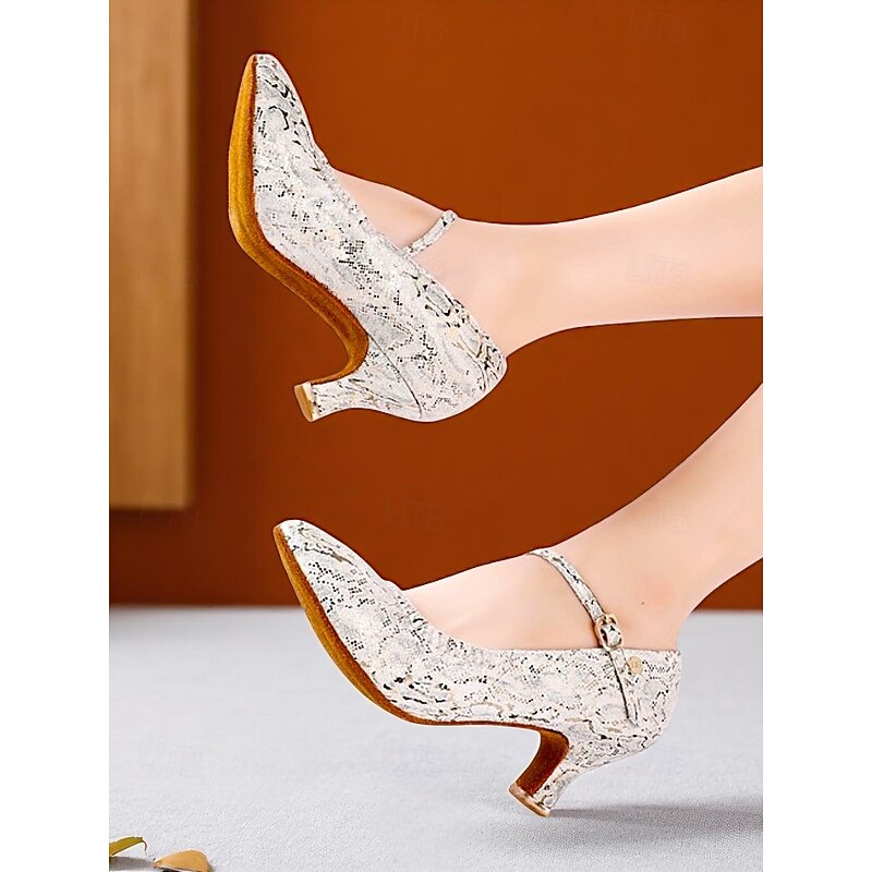 Women's Professional Snake Print Dance Shoes with Adjustable Ankle Strap and Mid Heel for Ballroom and Latin Dance